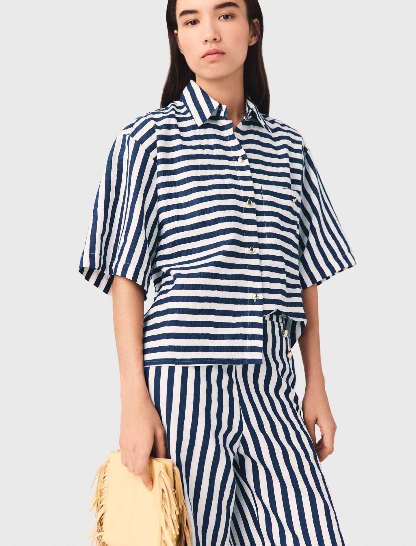 Cropped Linen-Blend Shirt White/Blue