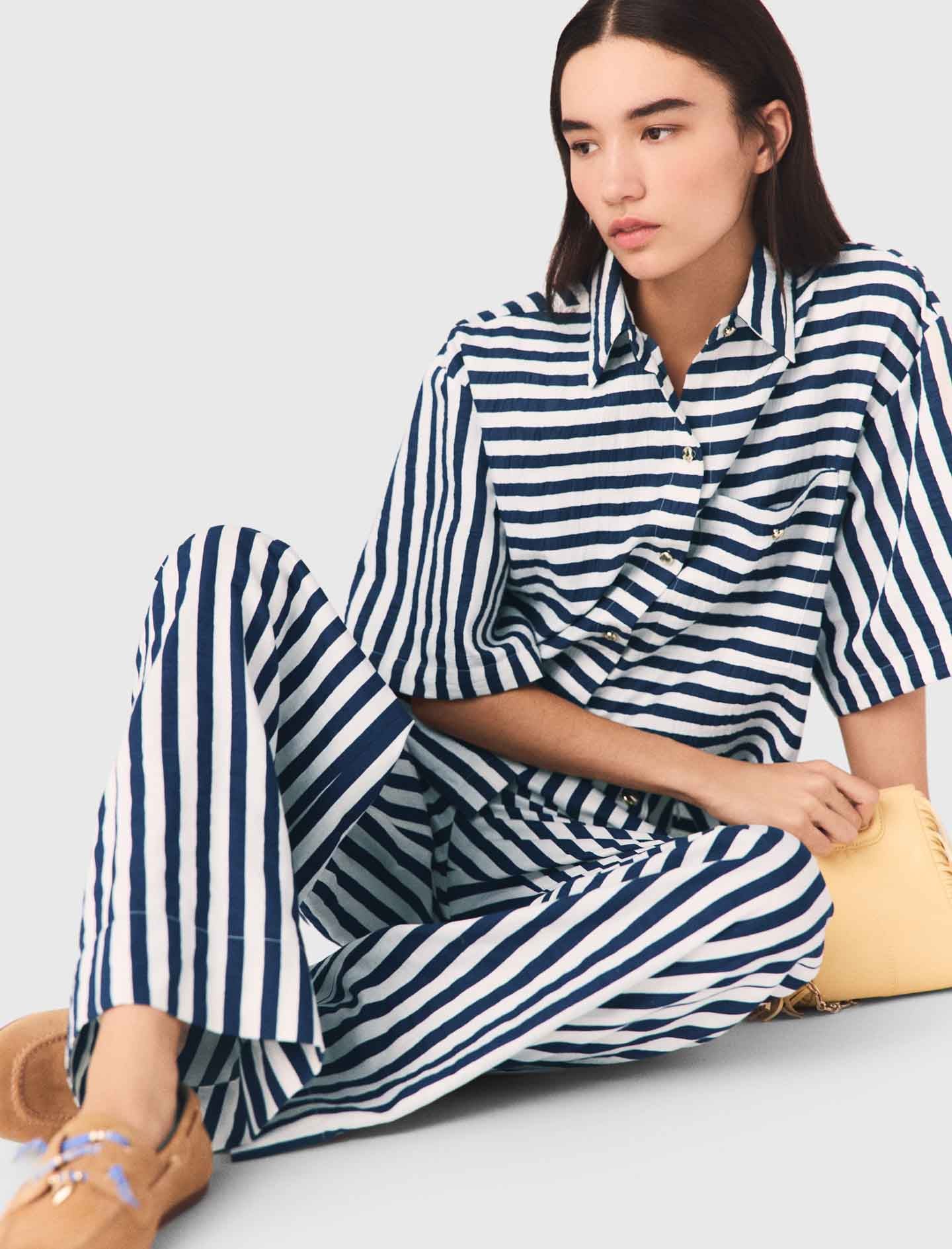 Cropped Linen-Blend Shirt White/Blue