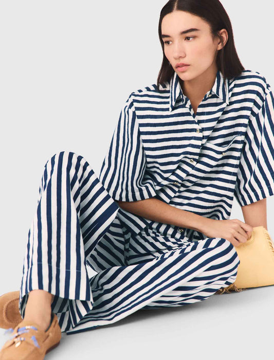 Cropped Linen-Blend Shirt White/Blue