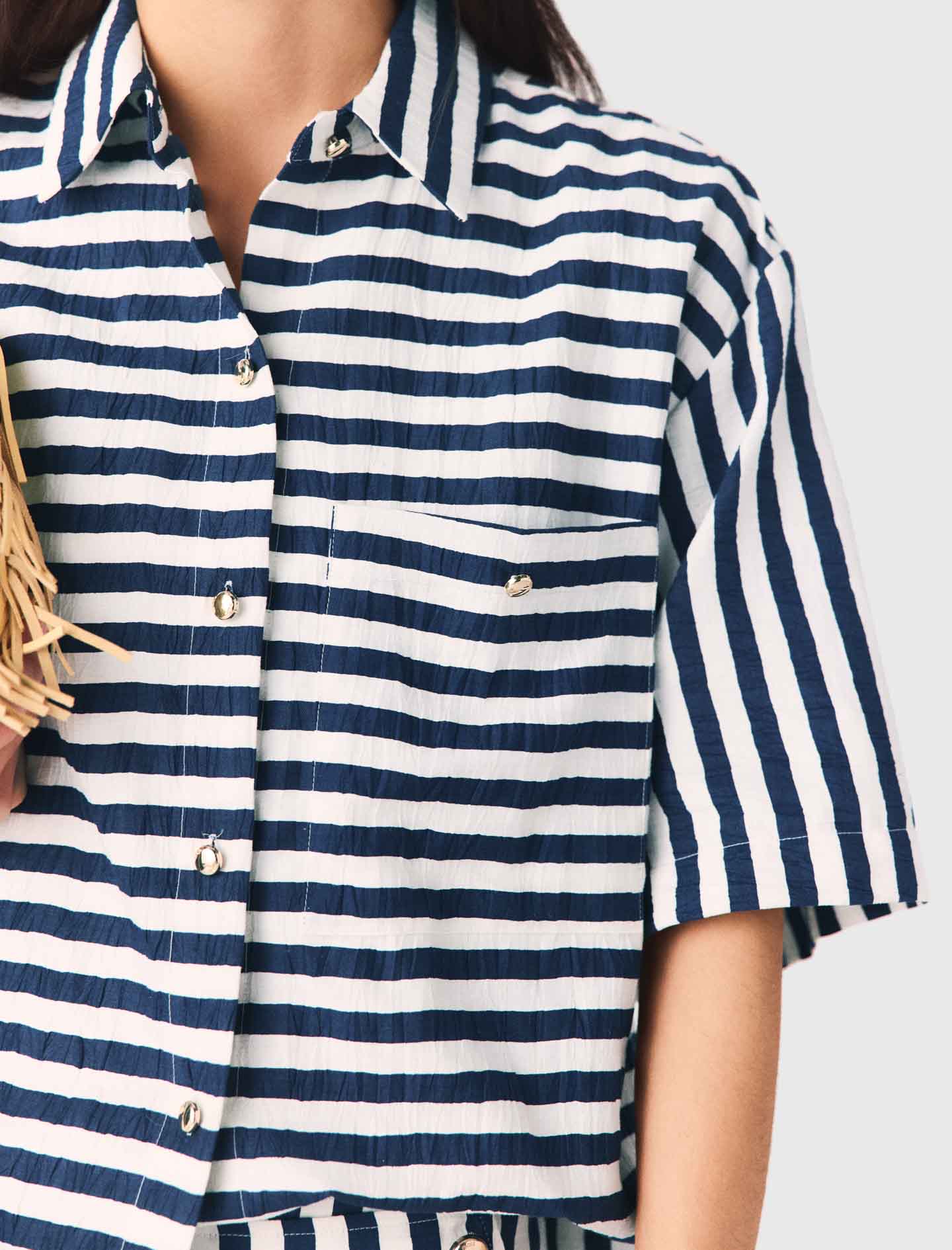 Cropped Linen-Blend Shirt White/Blue
