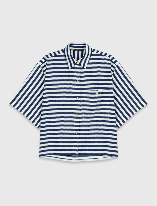 Cropped Linen-Blend Shirt White/Blue