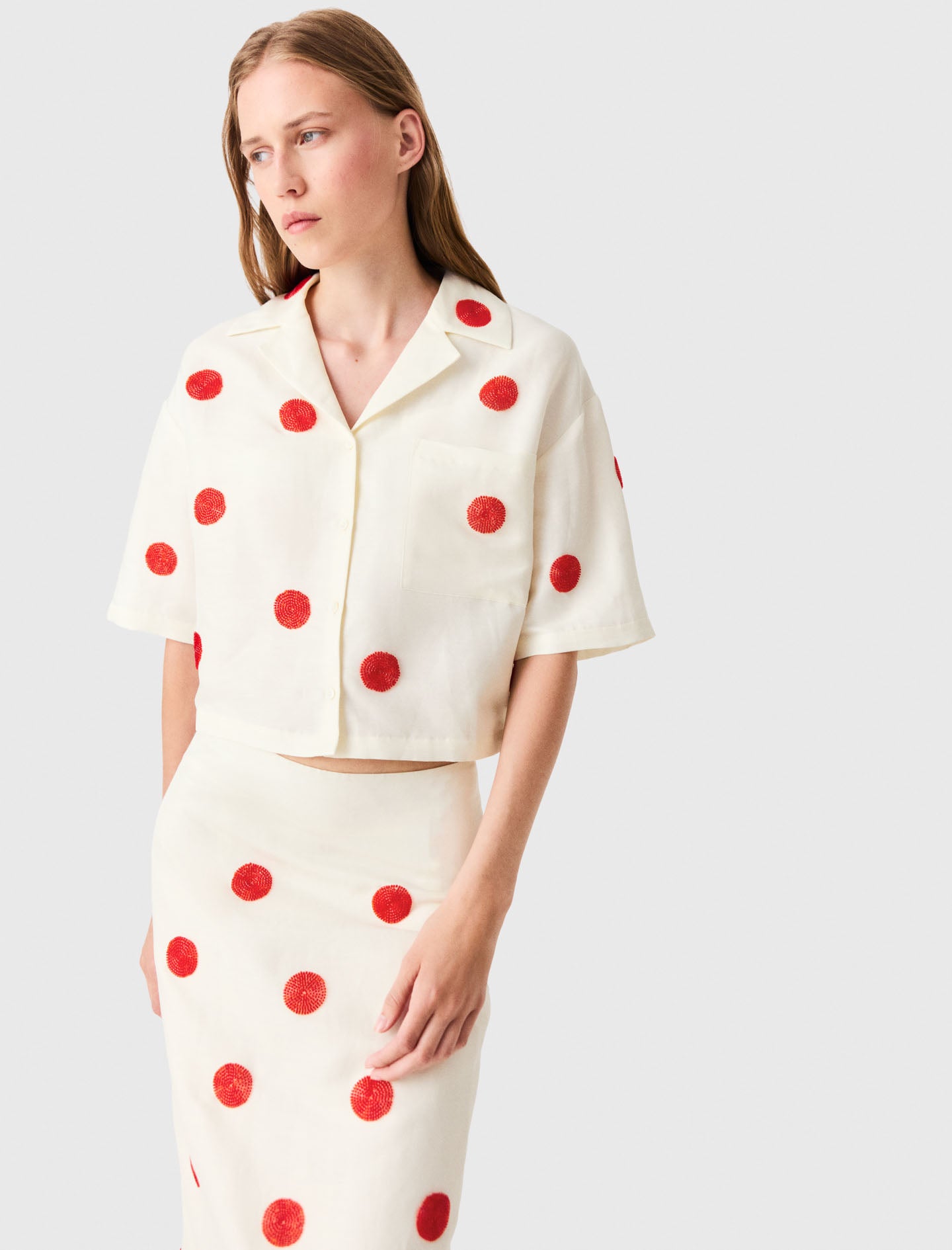 Embroidered linen and silk shirt White