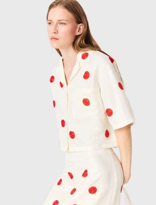 Embroidered linen and silk shirt White