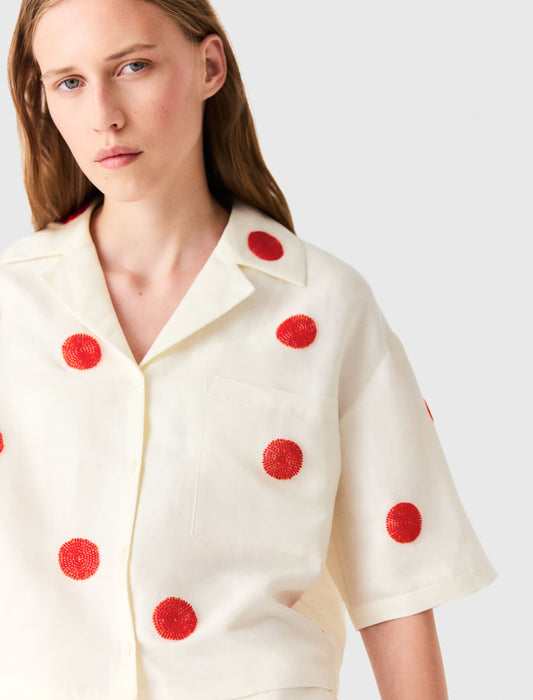 Embroidered linen and silk shirt White