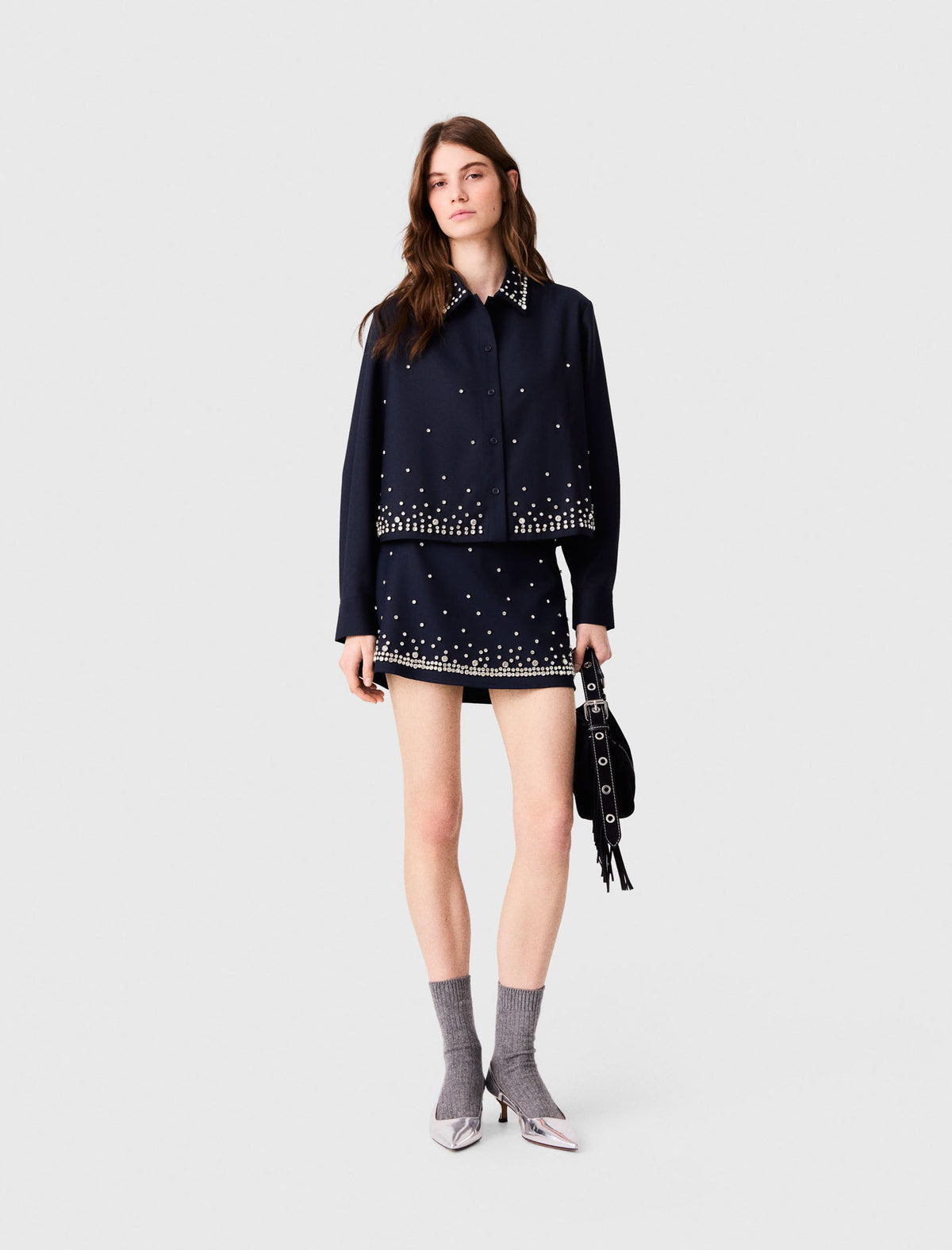 Short rhinestone embroidered shirt Navy