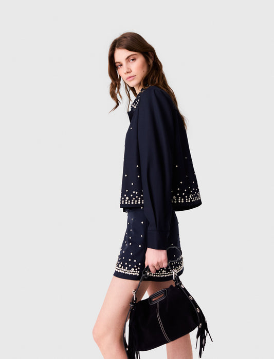 Short rhinestone embroidered shirt Navy