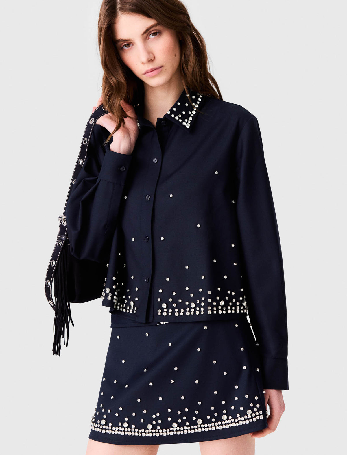 Short rhinestone embroidered shirt Navy