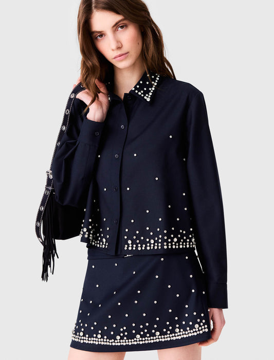 Short rhinestone embroidered shirt Navy