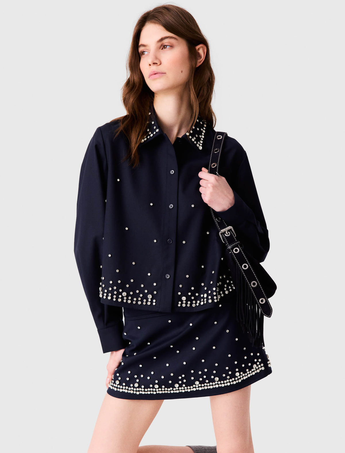 Short rhinestone embroidered shirt Navy