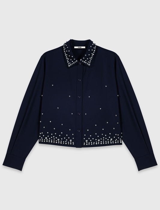 Short rhinestone embroidered shirt Navy