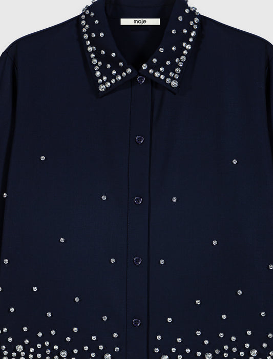Short rhinestone embroidered shirt Navy