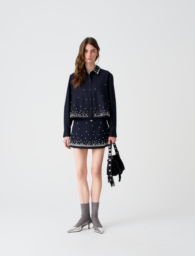 Short rhinestone embroidered shirt Navy