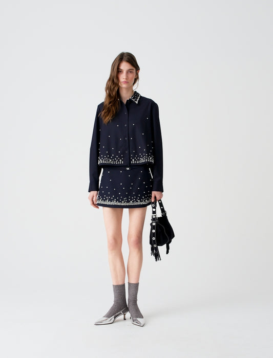 Short rhinestone embroidered shirt Navy