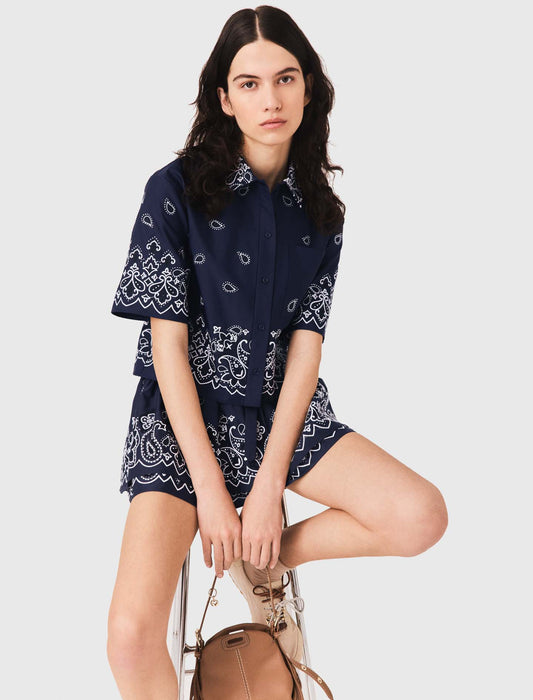 Short embroidered taffeta shirt Navy Bandana Embroidered