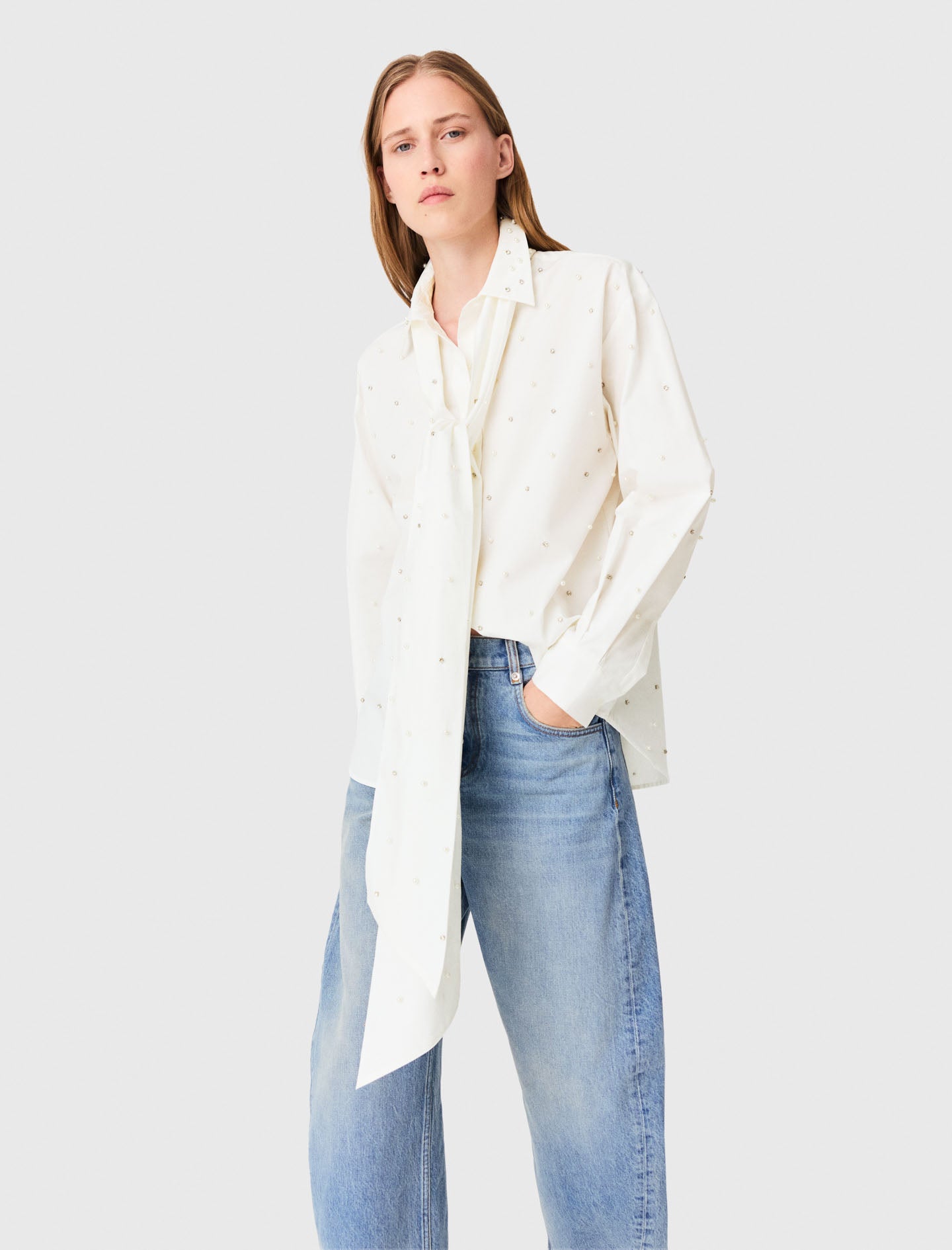 Rhinestone shirt with tie White