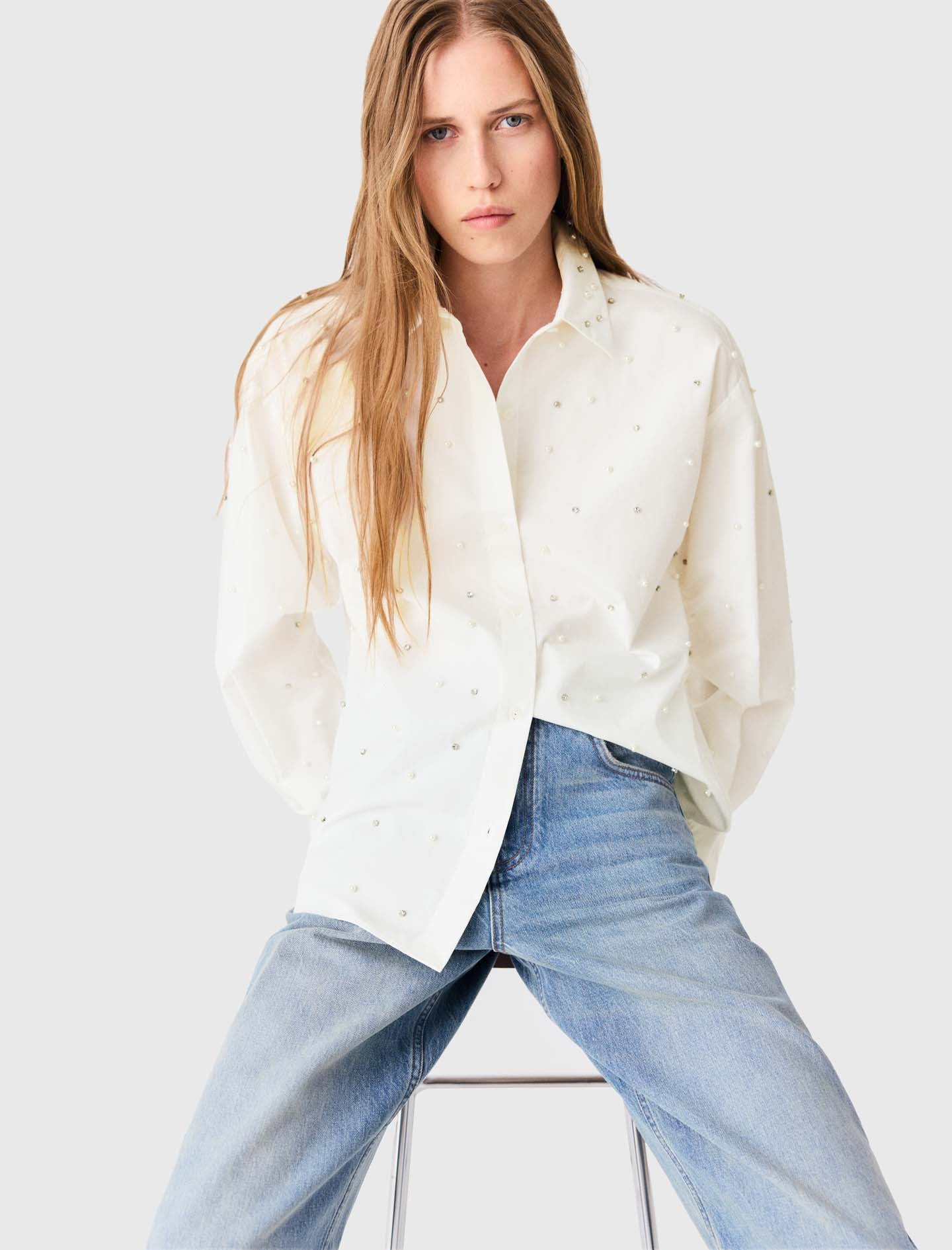 Rhinestone shirt with tie White