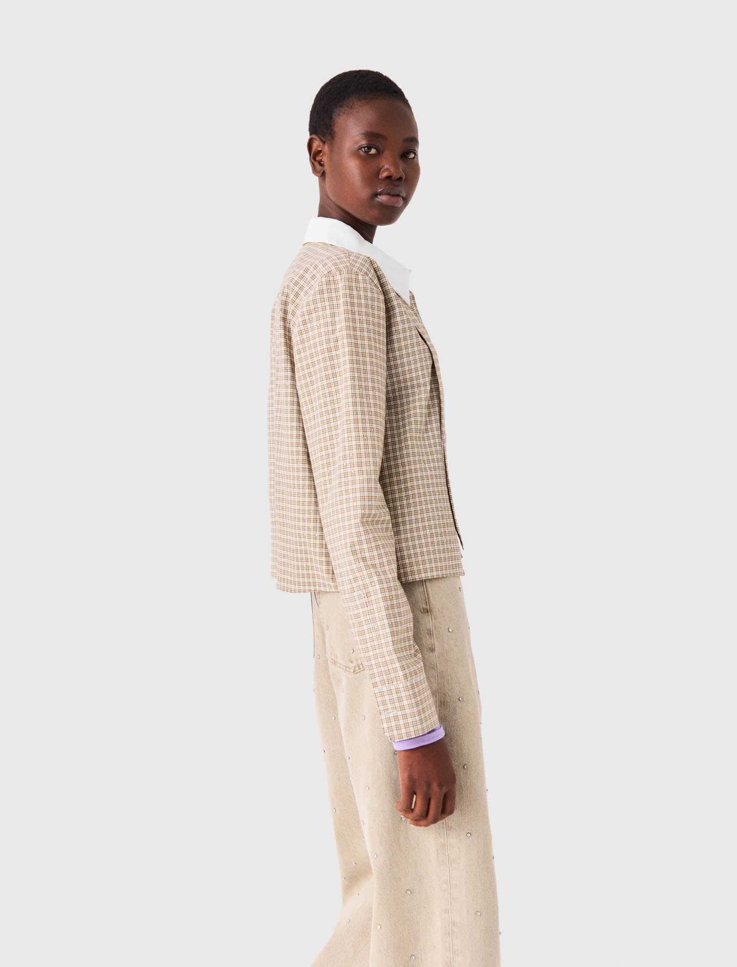 Short rhinestone checked shirt Beige