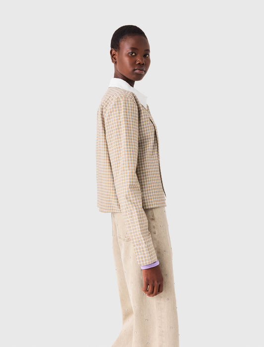 Short rhinestone checked shirt Beige