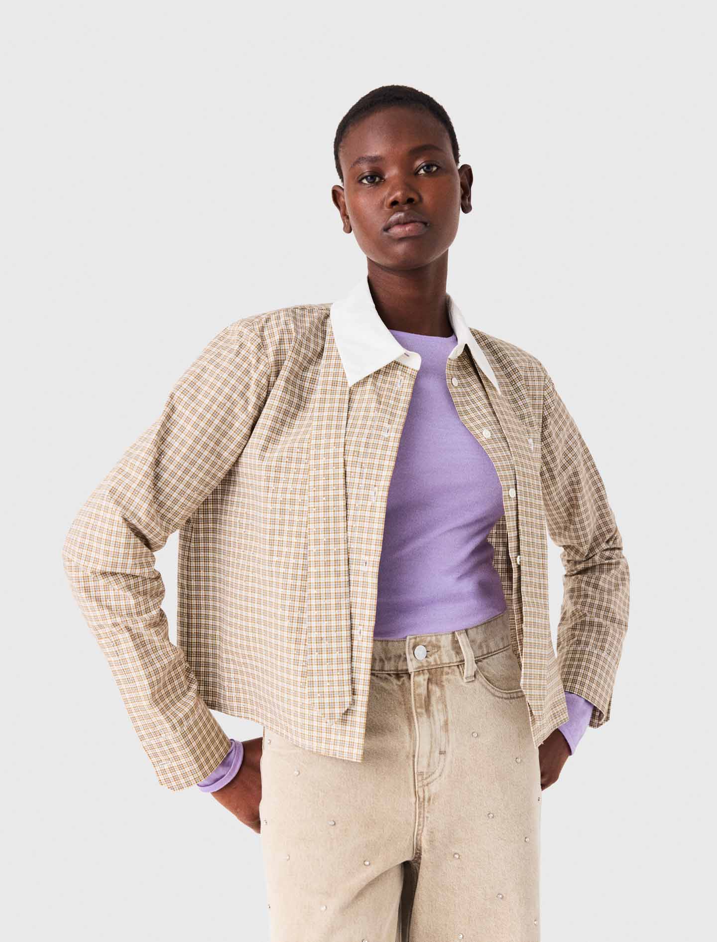 Short rhinestone checked shirt Beige