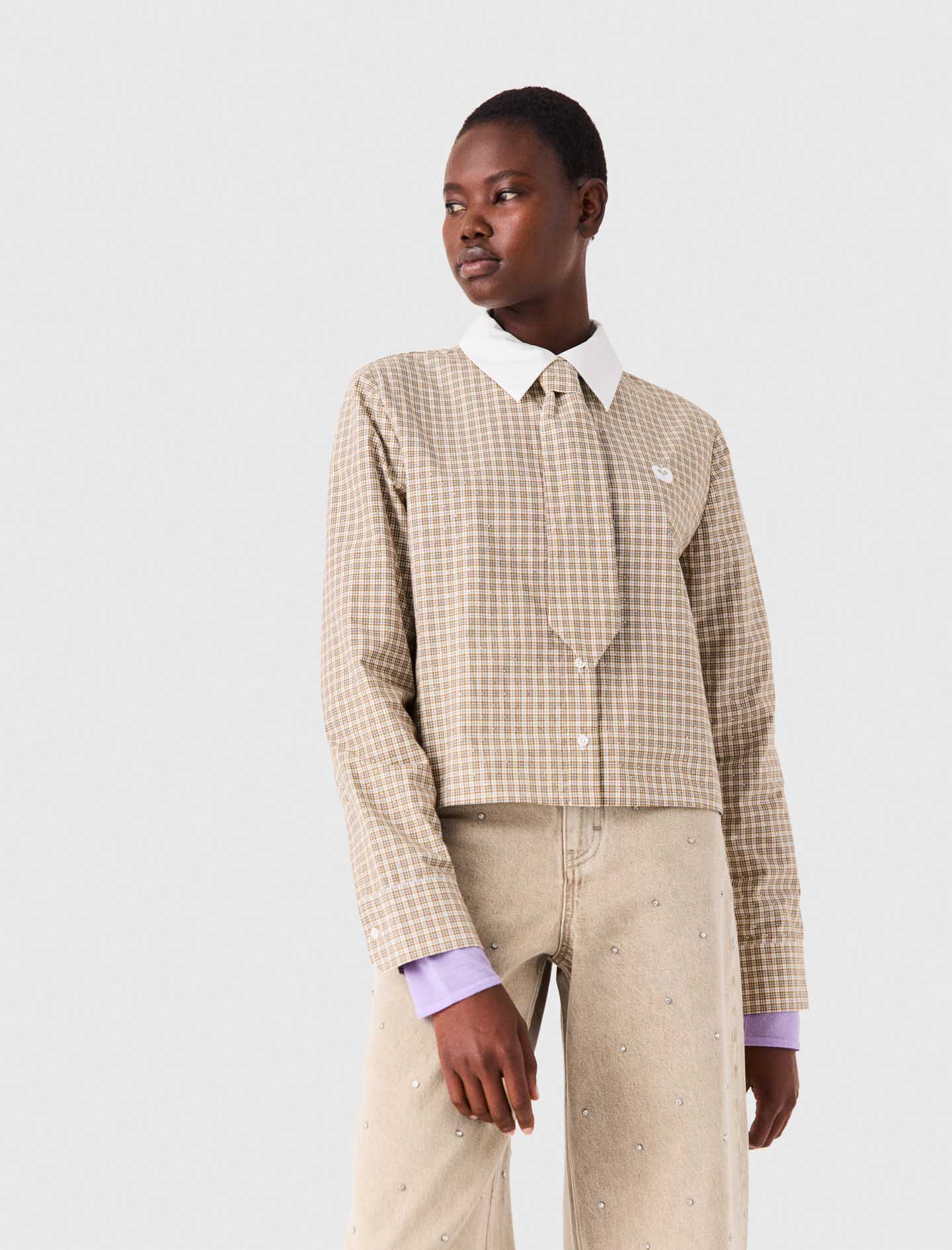 Short rhinestone checked shirt Beige