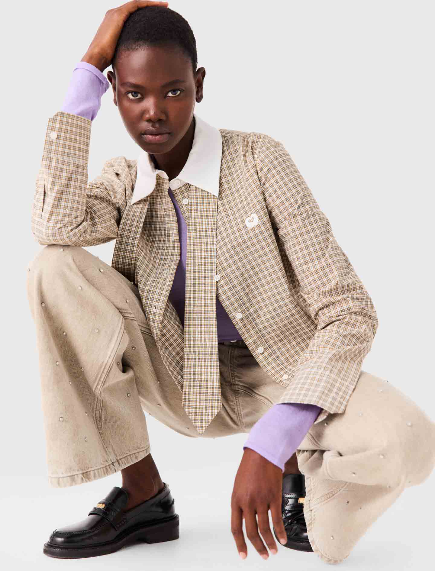 Short rhinestone checked shirt Beige