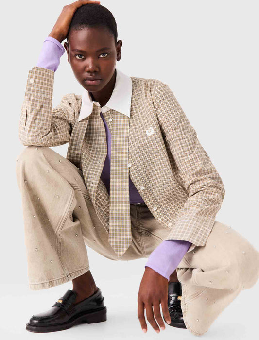 Short rhinestone checked shirt Beige