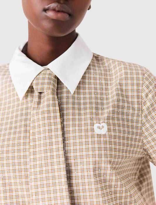 Short rhinestone checked shirt Beige