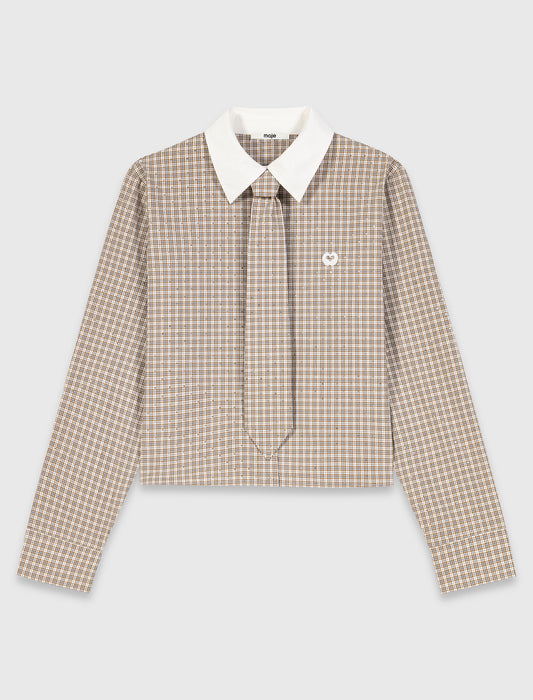 Short rhinestone checked shirt Beige