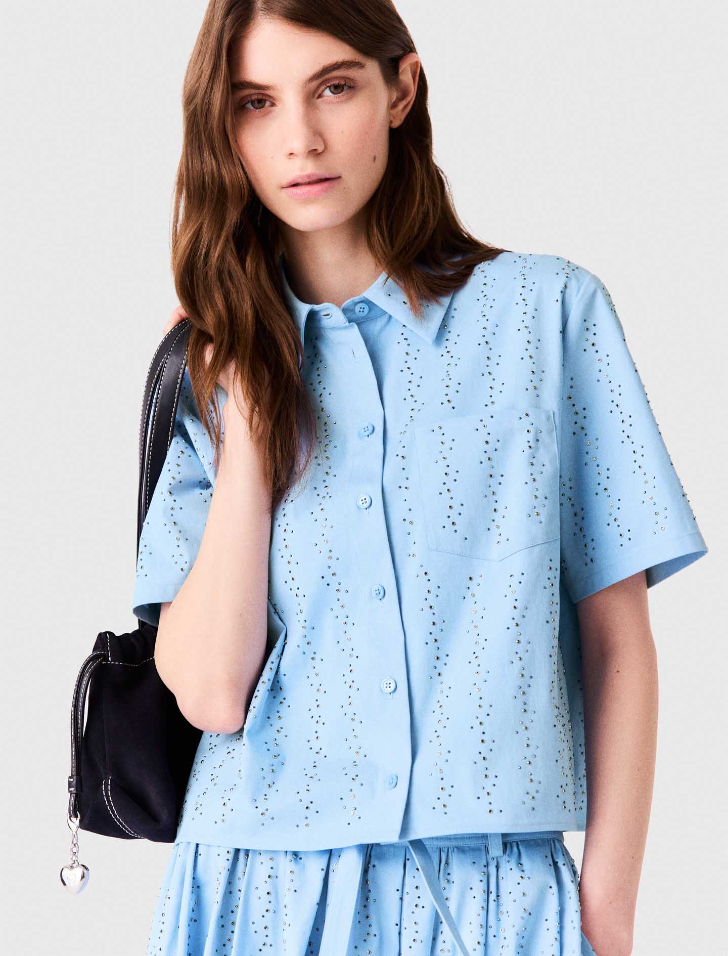 Cropped rhinestone cotton shirt Blue Sky