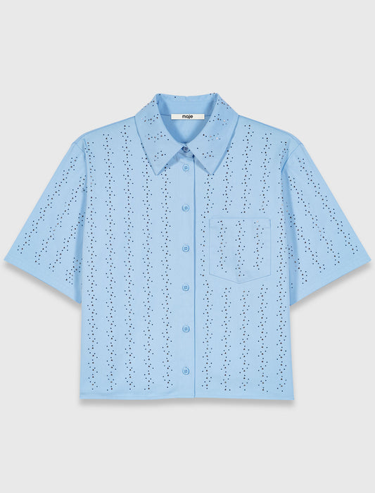 Cropped rhinestone cotton shirt Blue Sky