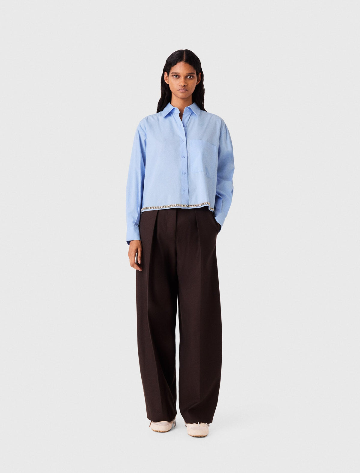 Cropped Shirt With Chain Trim Light Blue