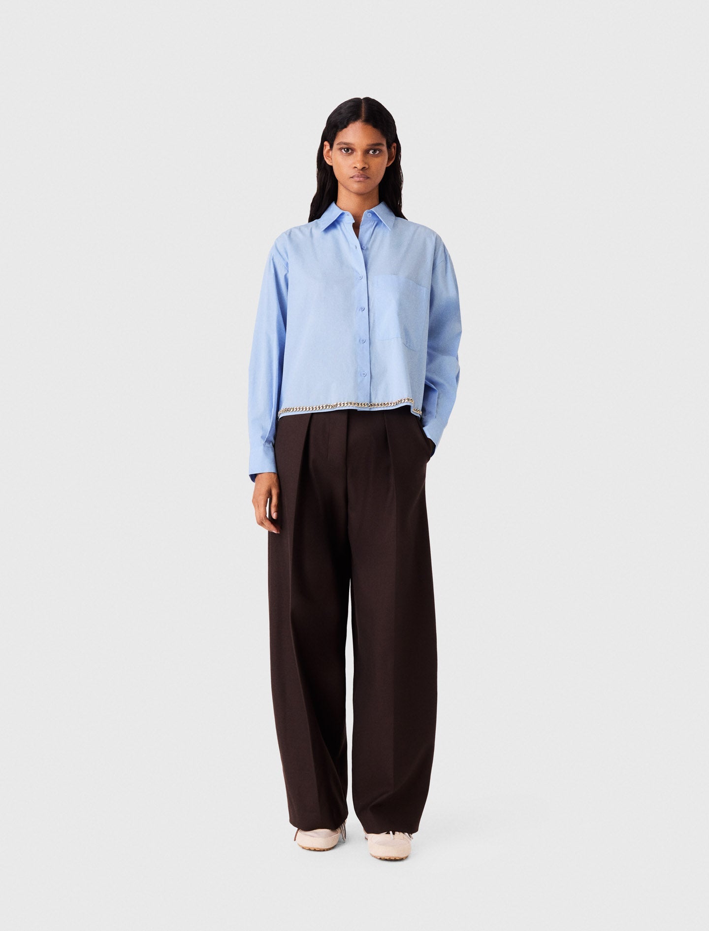 Cropped Shirt With Chain Trim Light Blue