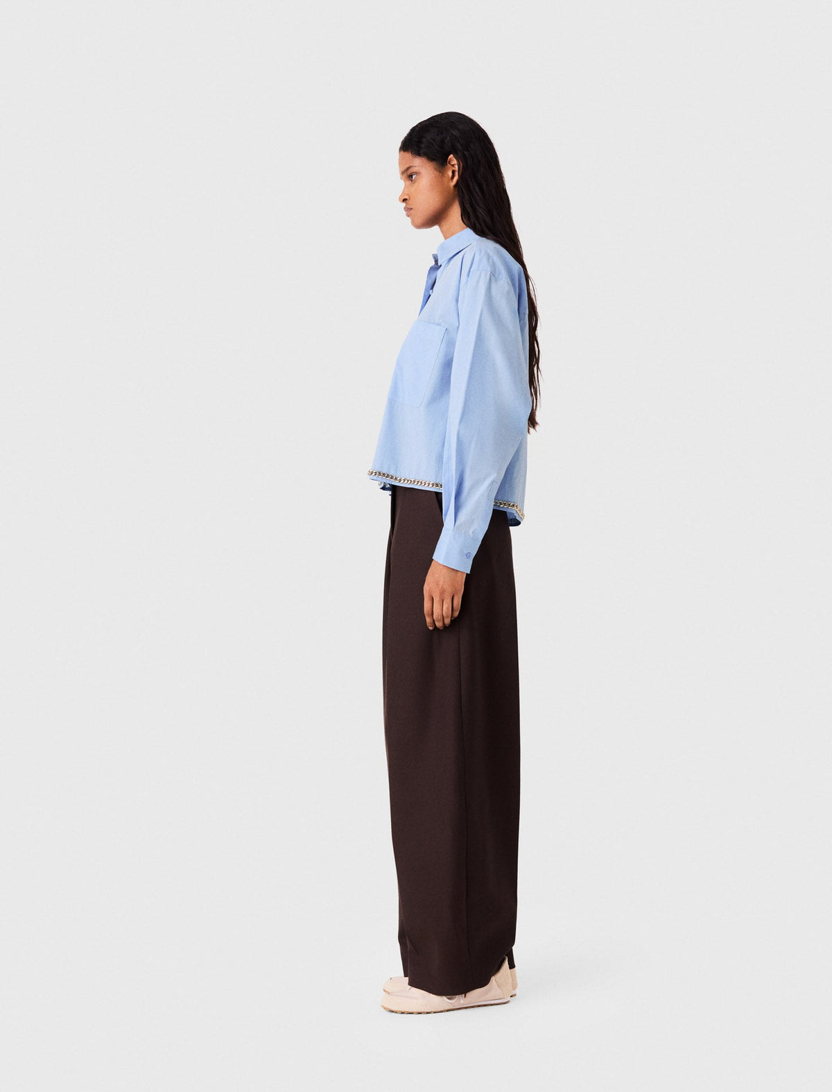 Cropped Shirt With Chain Trim Light Blue
