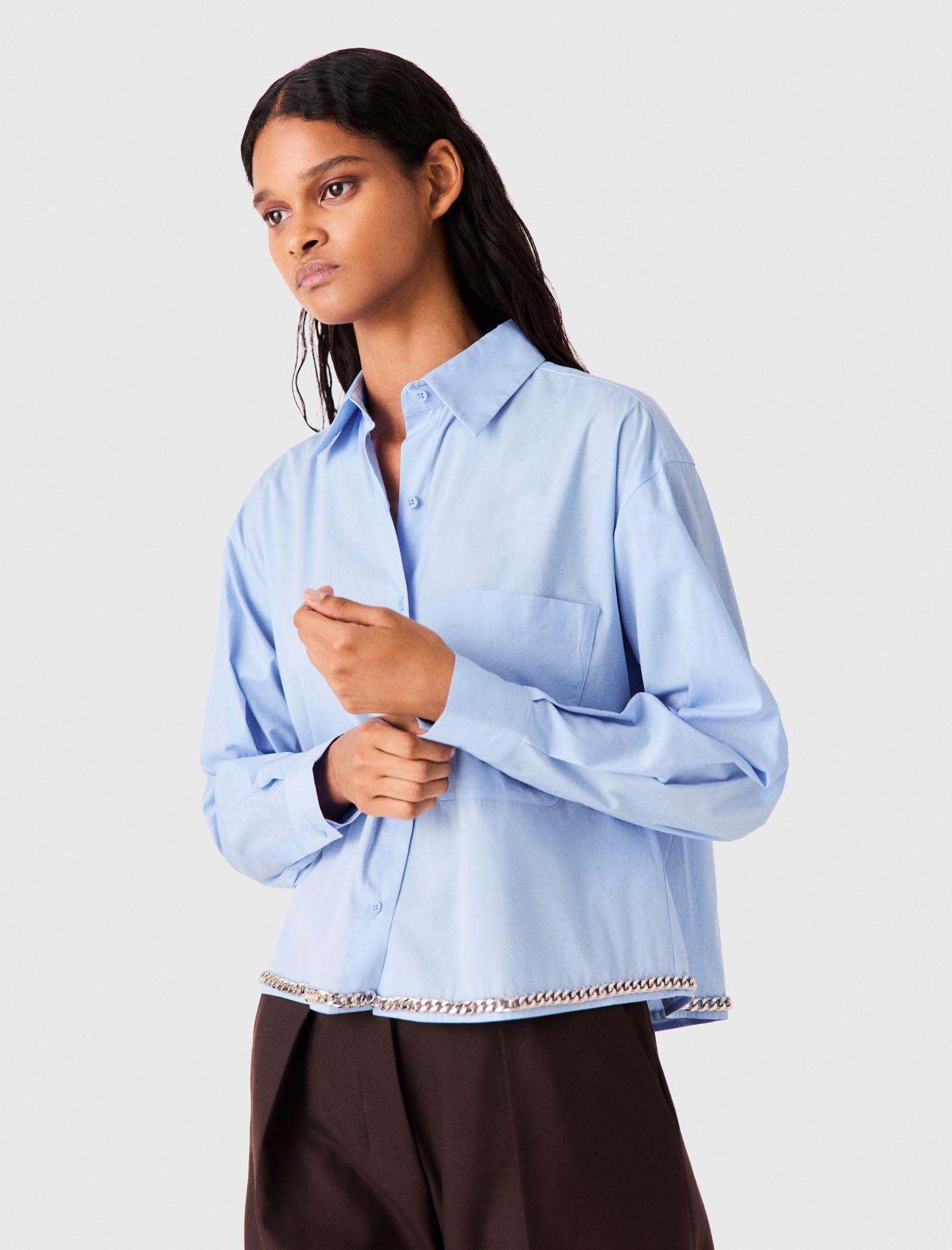 Cropped Shirt With Chain Trim Light Blue