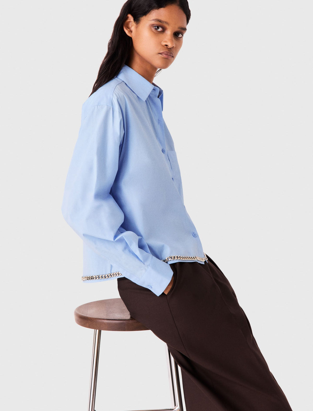 Cropped Shirt With Chain Trim Light Blue