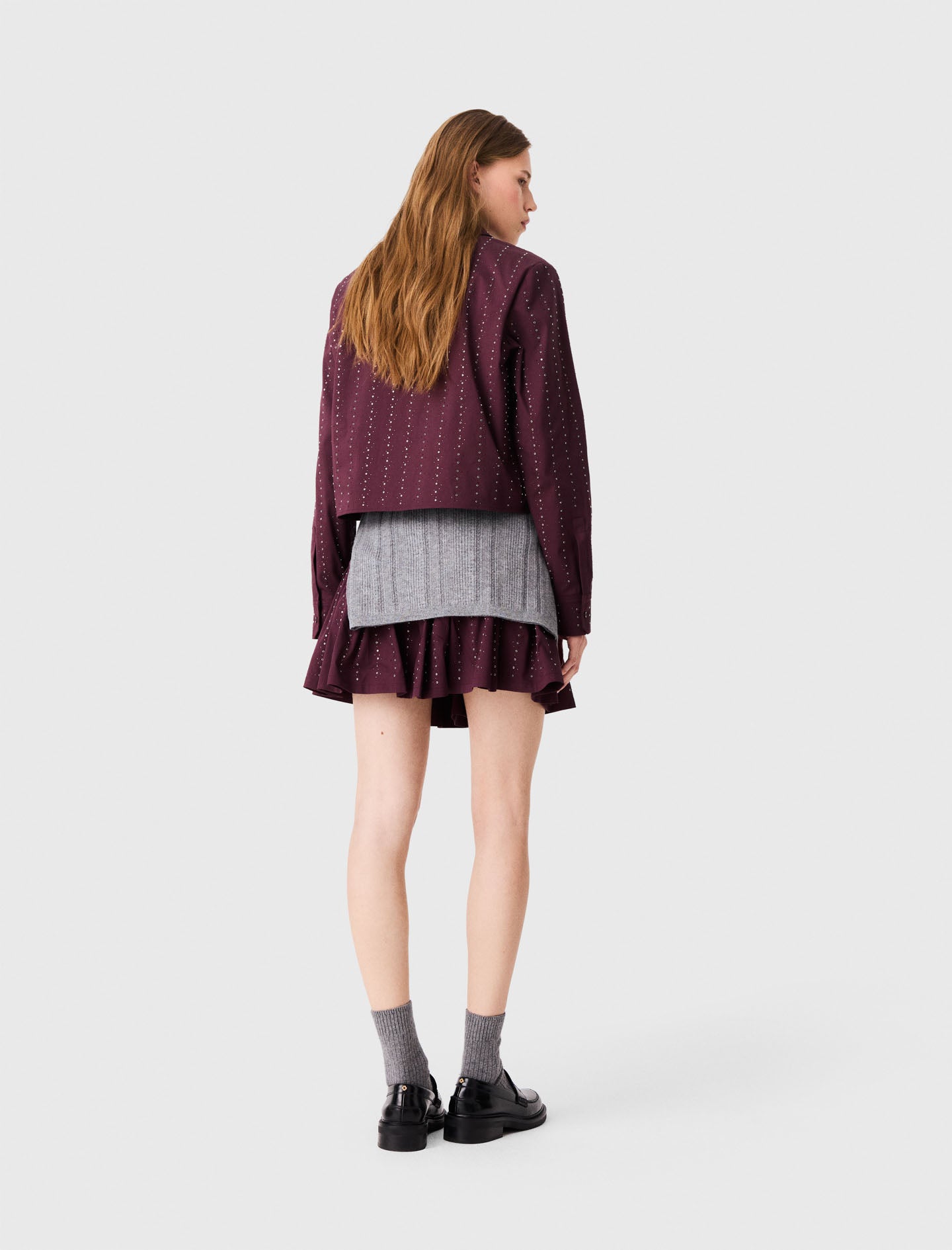 Cropped rhinestone cotton shirt Burgundy