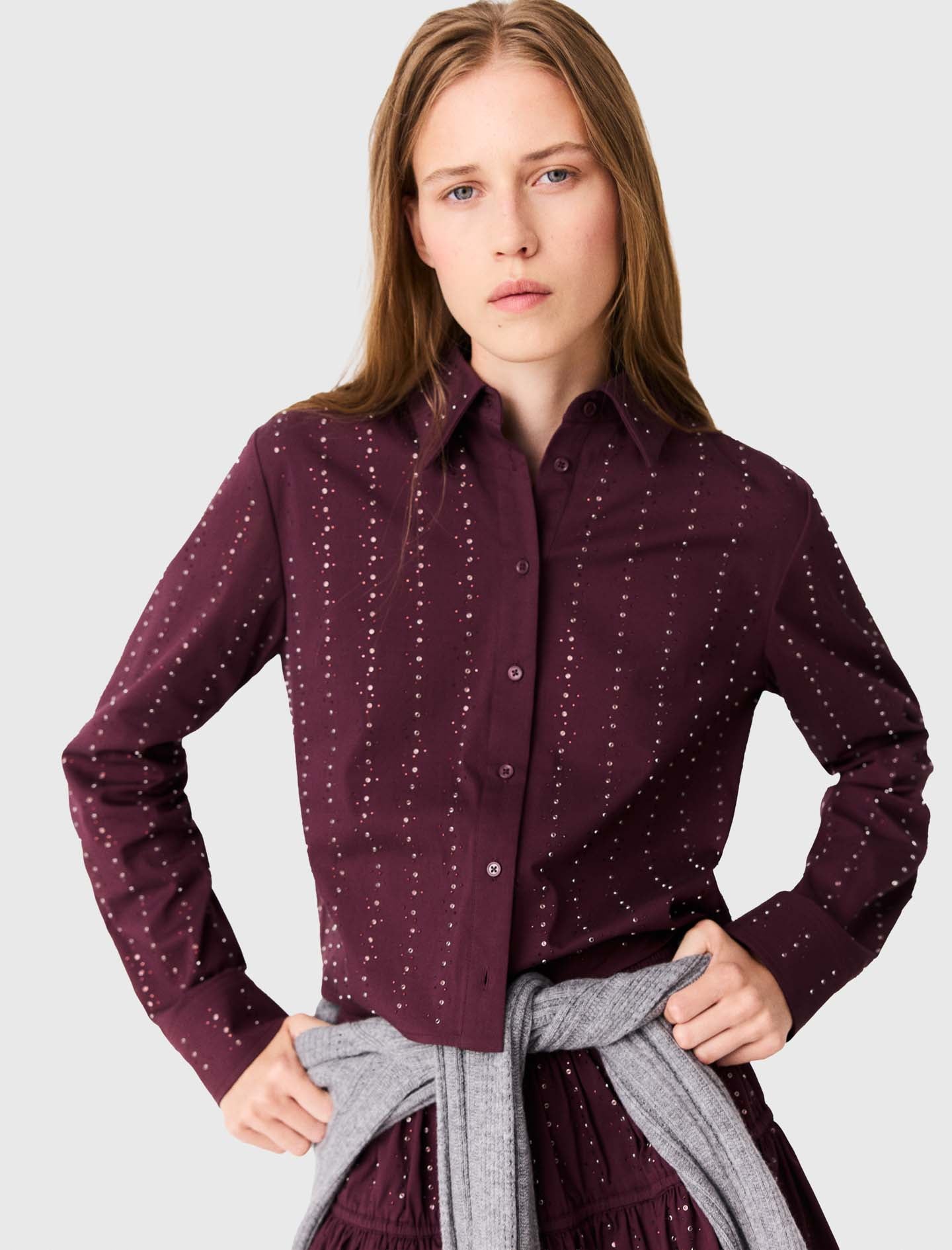 Cropped rhinestone cotton shirt Burgundy
