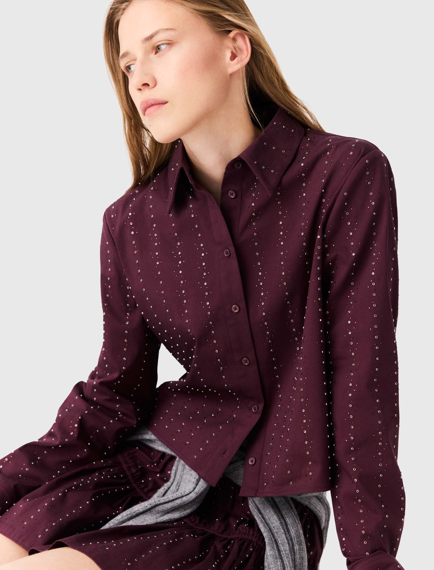 Cropped rhinestone cotton shirt Burgundy
