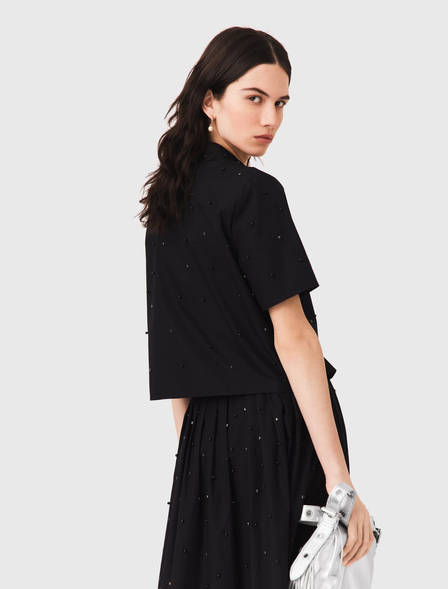Short flared denim skirt Black
