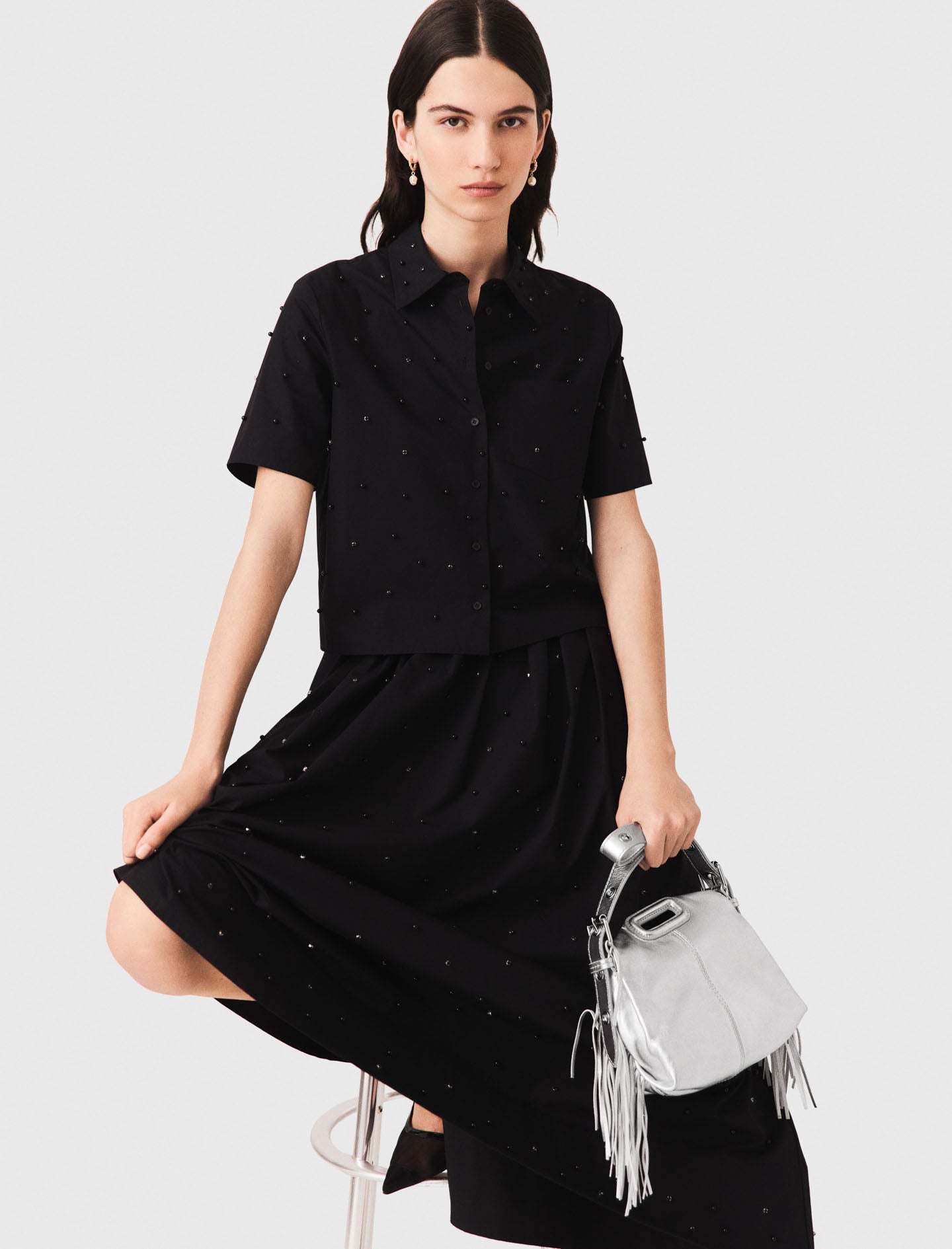 Short flared denim skirt Black