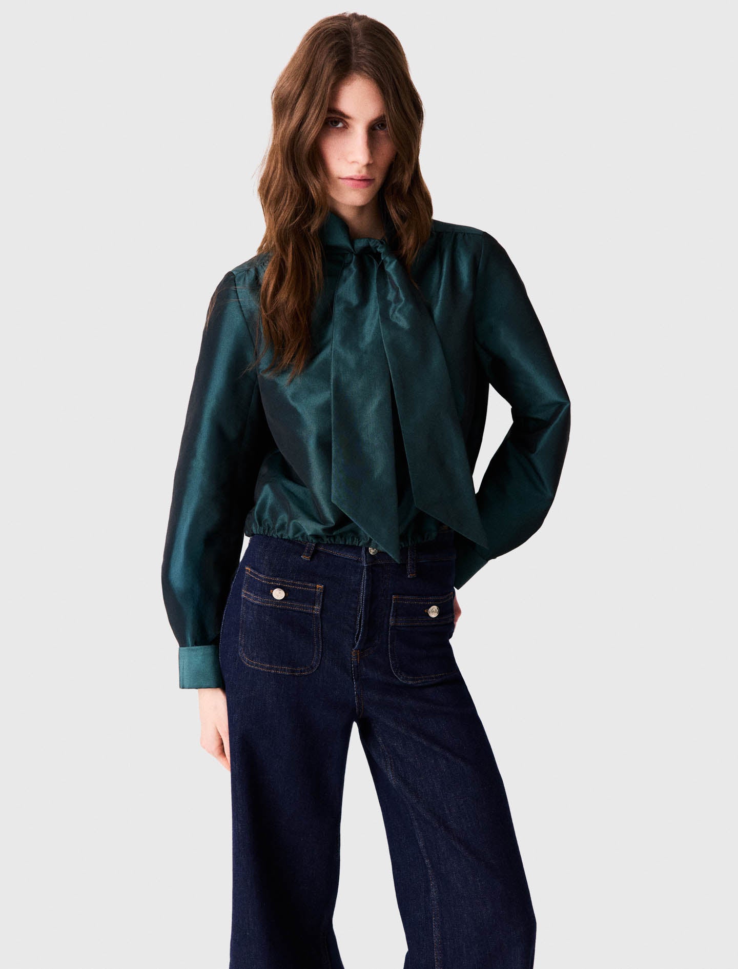 Satin pussy bow shirt Bottle Green