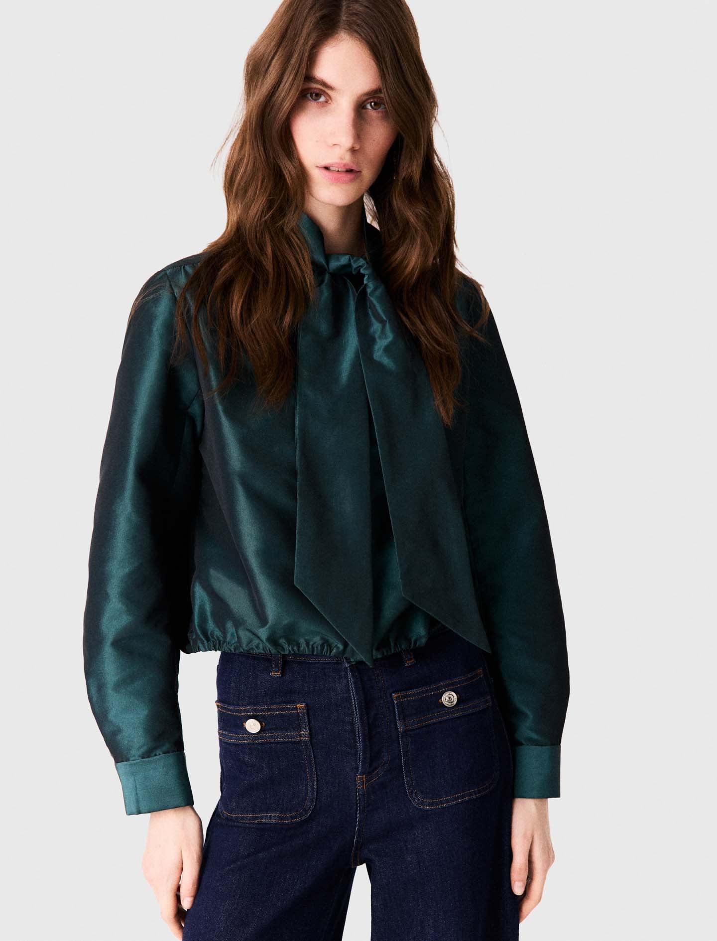 Satin pussy bow shirt Bottle Green
