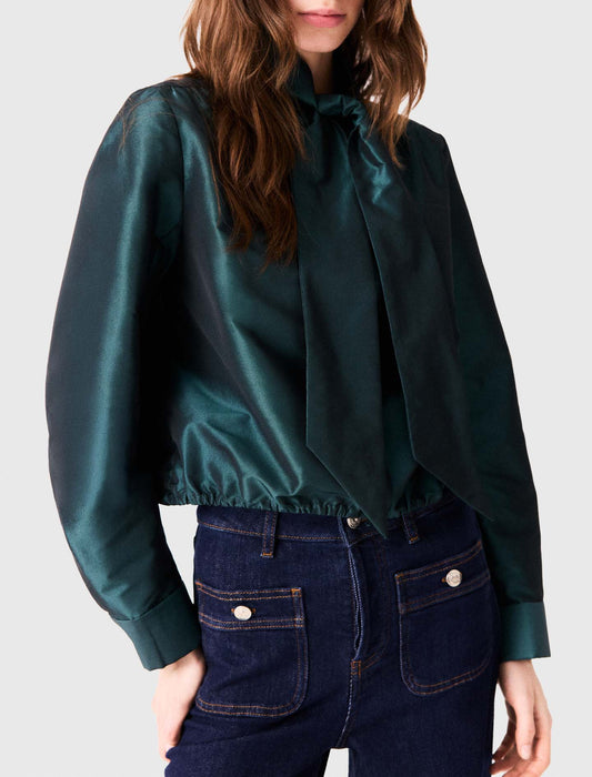 Satin pussy bow shirt Bottle Green