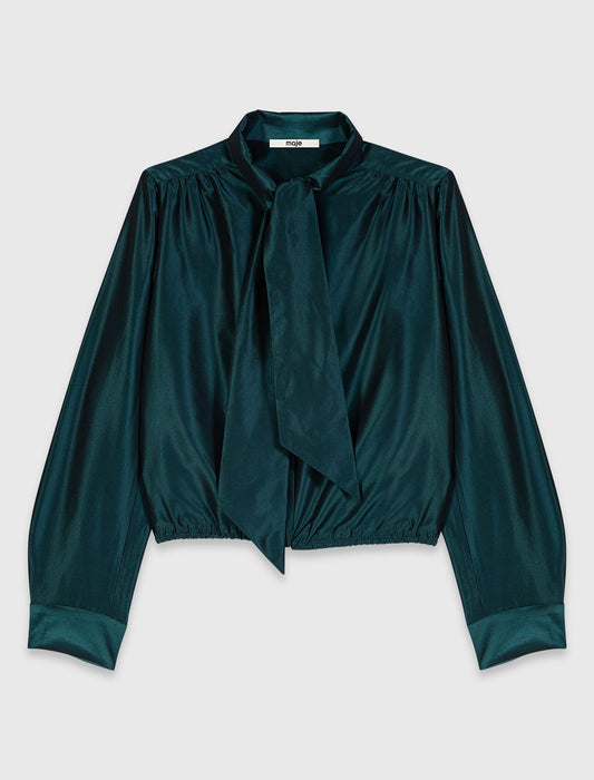 Satin pussy bow shirt Bottle Green