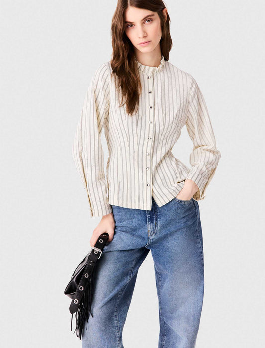 High-neck rhinestone shirt Ecru