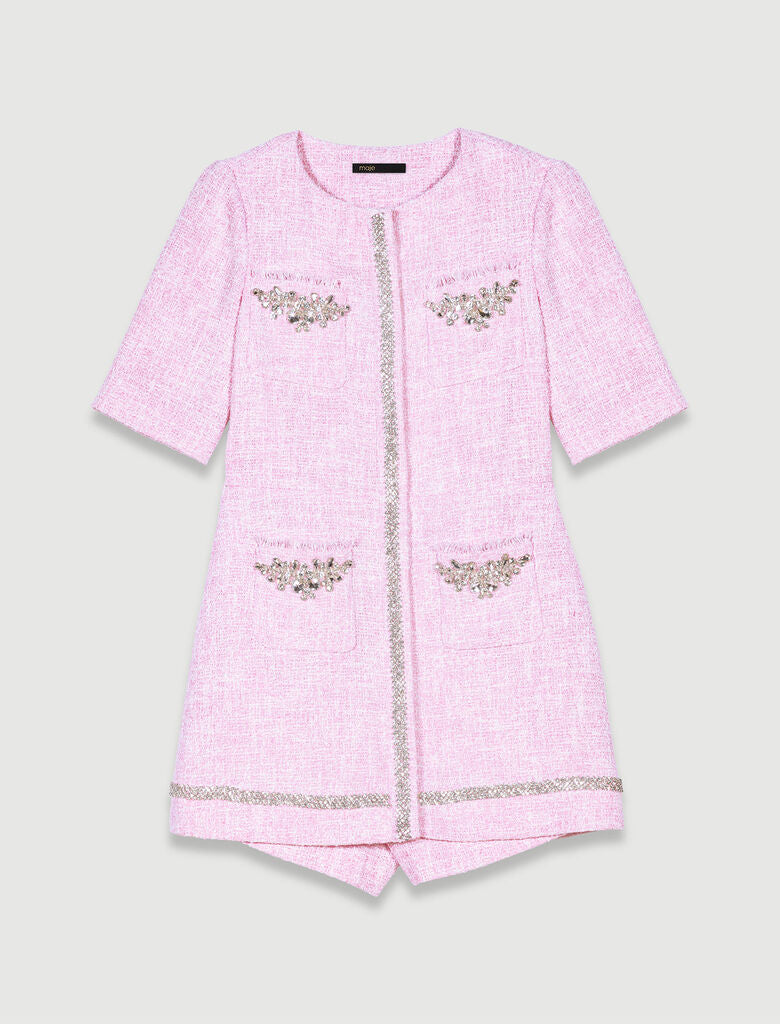 Pale Pink-Tweed playsuit with rhinestones