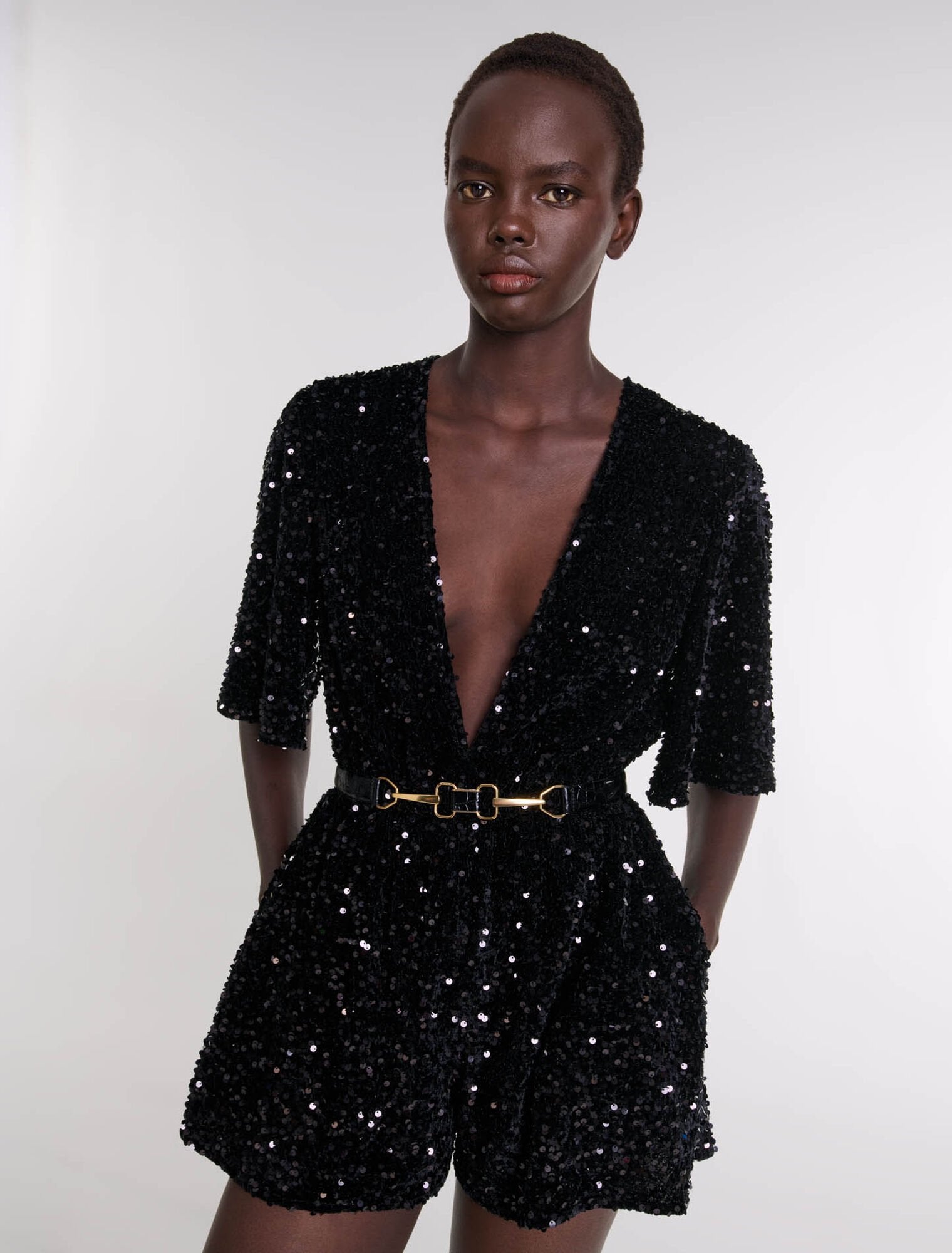 Black  -Sequinned Velvet Playsuit