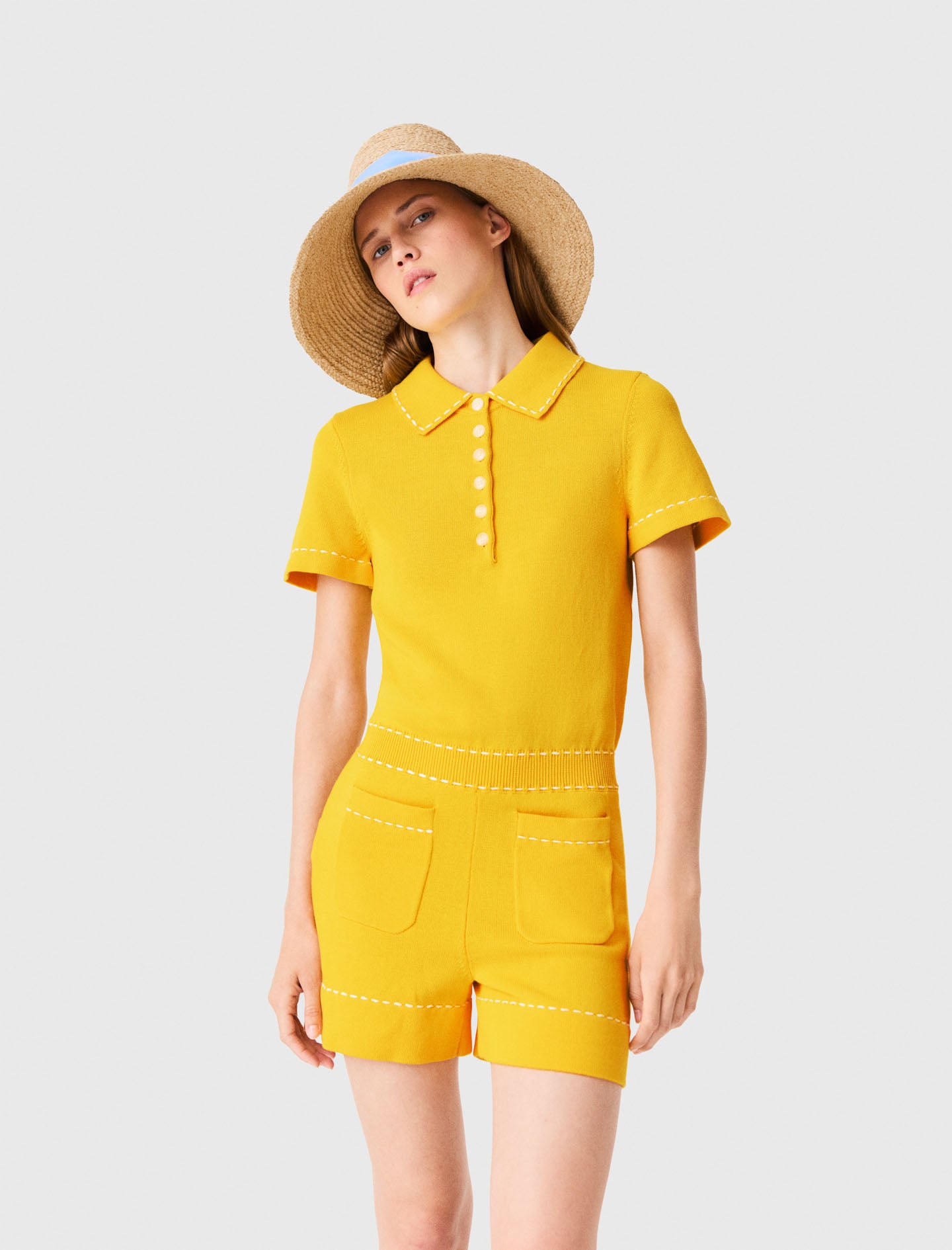 Knit playsuit with polo collar Yellow