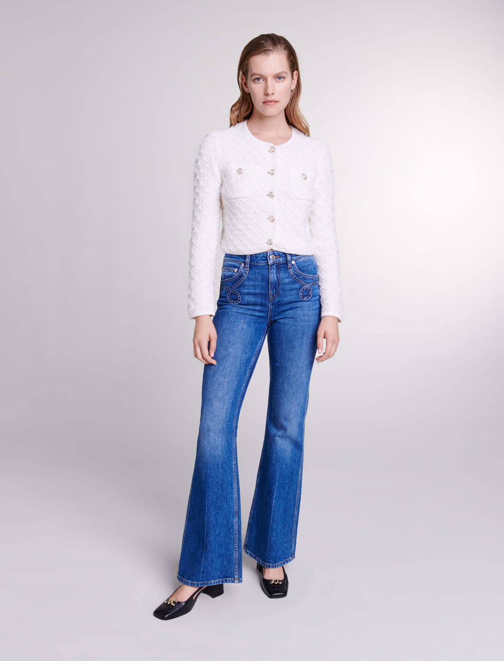 Blue-featured-Embroidered flared jeans