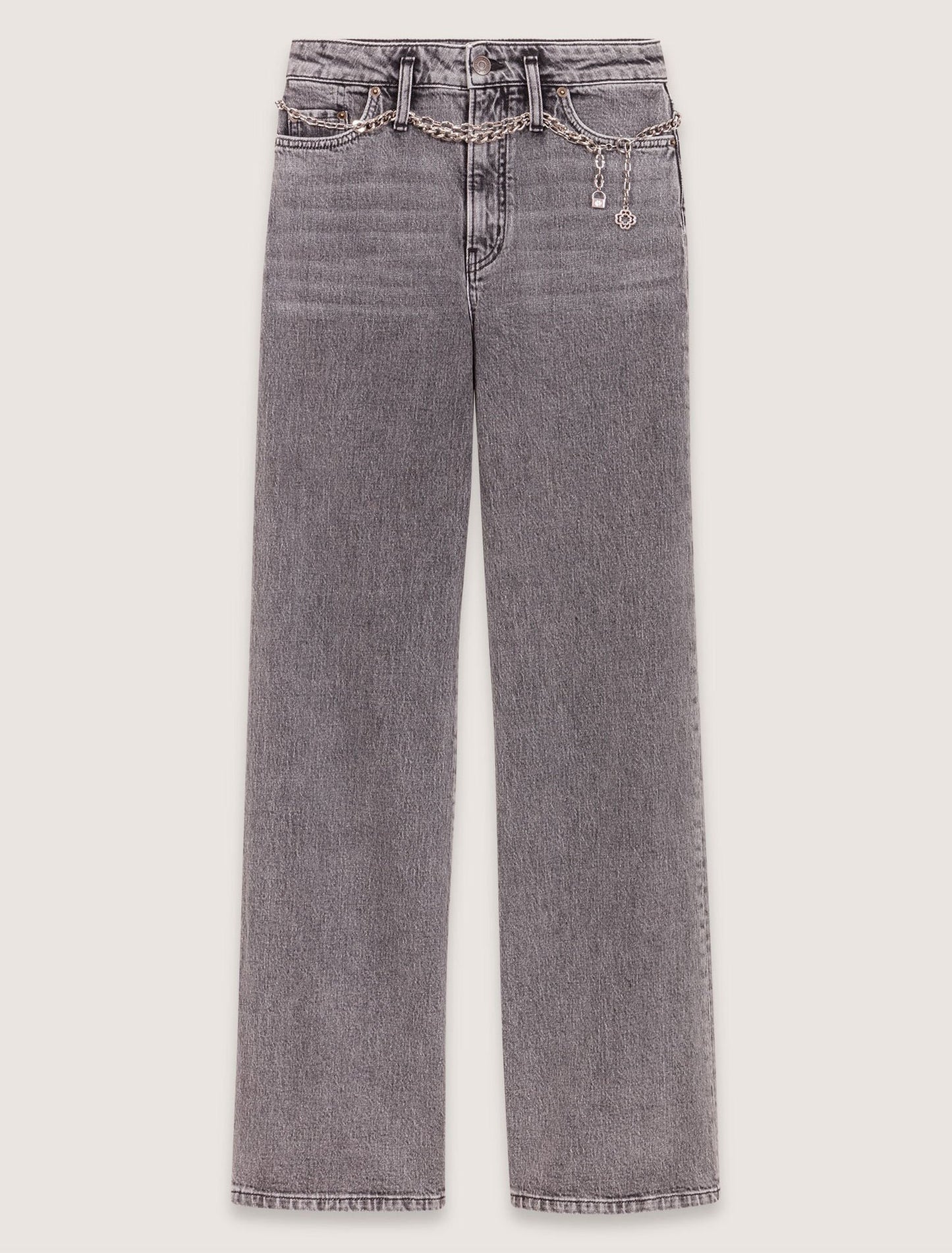 Grey-Wide-Leg Jeans With Chain-Link Belt